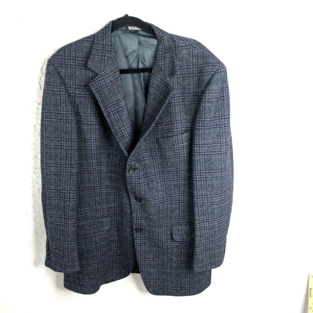 Vintage Old School Bespoke Blazer Mens 42R Blue Glenn Plaid Sport Coat Jacket
